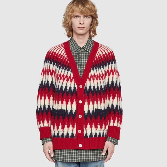 GUCCI MENS SWEATER ZIGZAG JACQUARD THICK WOOL KNITTED CARDIGAN sz M Medium - Picture 4 of 16